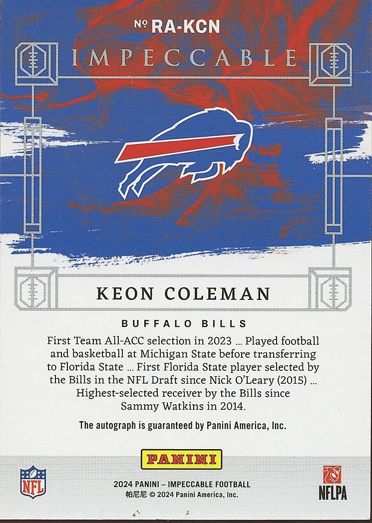 Keon Coleman 2024 Impeccable Auto Autograph RC Rookie Buffalo Bills 78/99