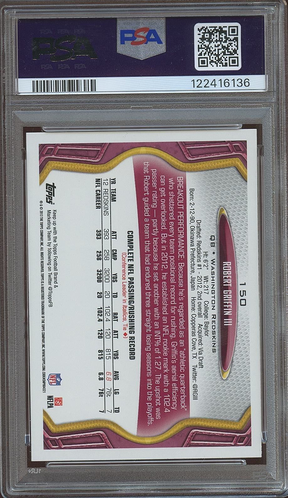 Robert Griffin III 2013 Topps No Helmet Photo Variation SSP Redskins PSA 10