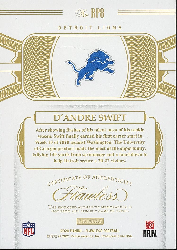 D'Andre Swift 2020 Flawless 4 Color Jersey Patch Rookie RC Detroit Lions 2/5