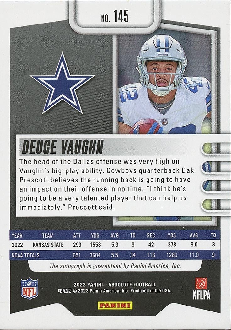 Deuce Vaughn 2023 Absolute GOLD Auto Autograph Rookie RC Dallas Cowboys 3/10