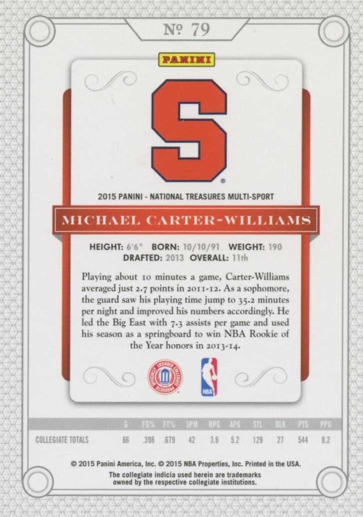 Michael Carter-Williams 2015 National Treasures Black SSP Syracuse 3/5