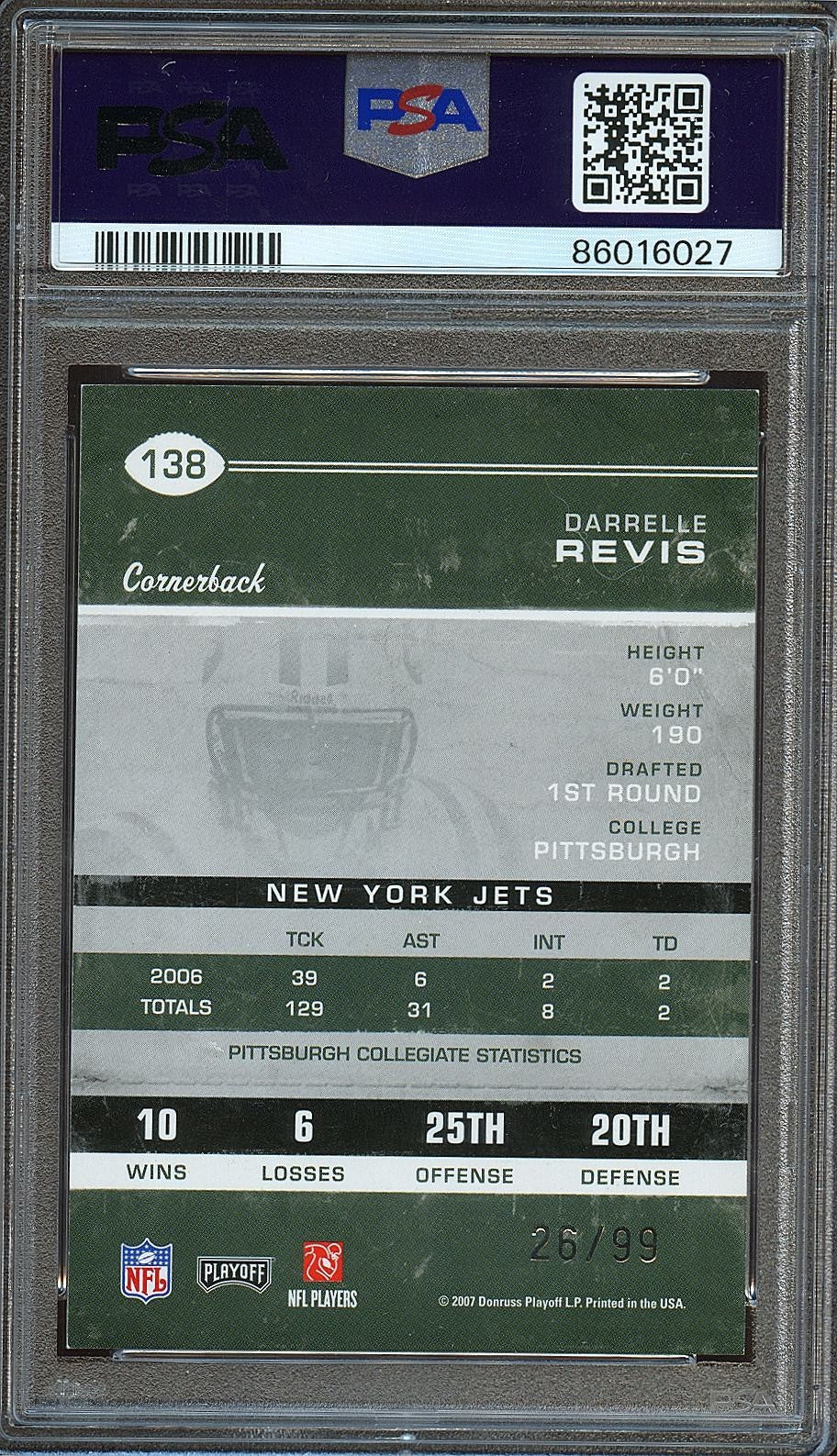 Darrelle Revis 2007 Contenders Playoff Ticket Rookie RC NY Jets 26/99 PSA 9