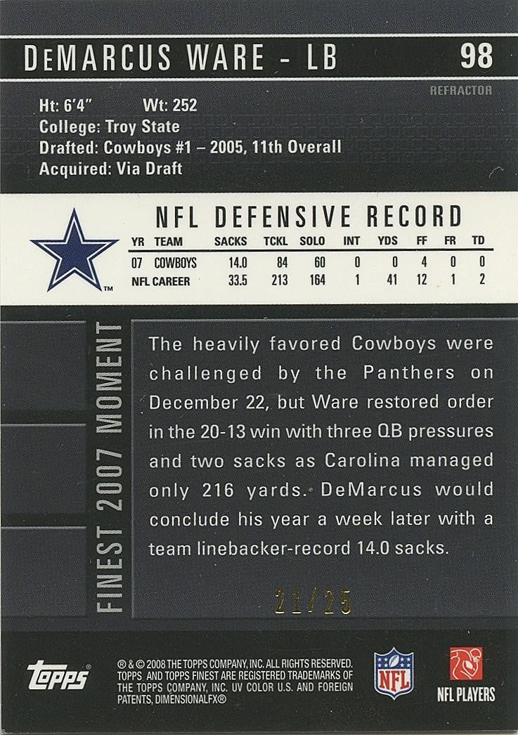 Demarcus Ware 2008 Topps Finest RED Refractor SSP Dallas Cowboys 21/25 #98