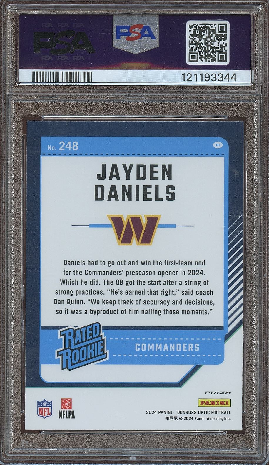 Jayden Daniels 2024 Optic Rated Rookie Blue Stars RC Washington Commanders PSA 9