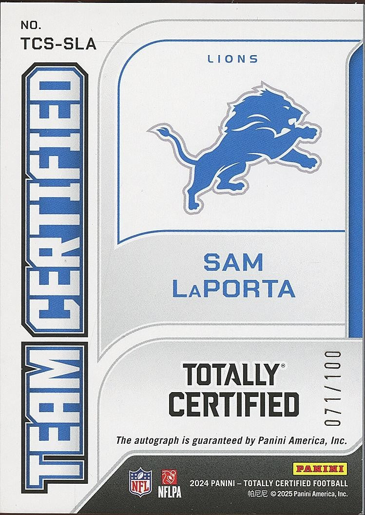 Sam Laporta 2024 Totally Certified Auto Autograph Red Detroit Lions 71/100