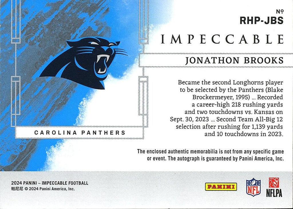 Jonathon Brooks 2024 Impeccable Autograph NFL Shield Logo Patch RC Panthers 4/5