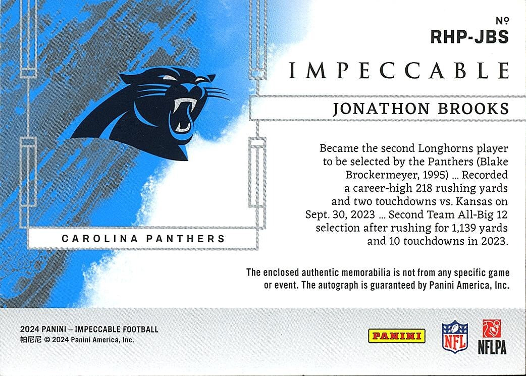 Jonathon Brooks 2024 Impeccable Autograph NFL Shield Logo Patch RC Panthers 4/5