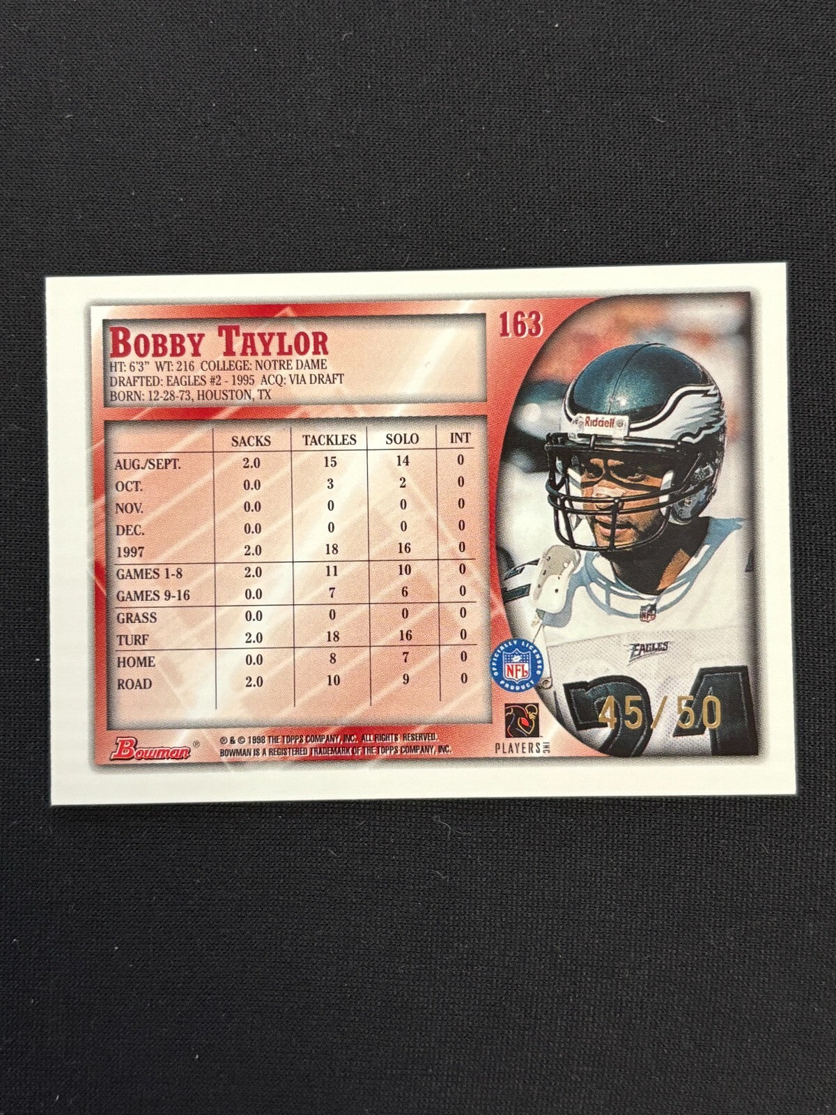 Bobby Taylor 1998 Bowman 50th Anniversary GOLD Philadelphia Eagles 45/50 #163