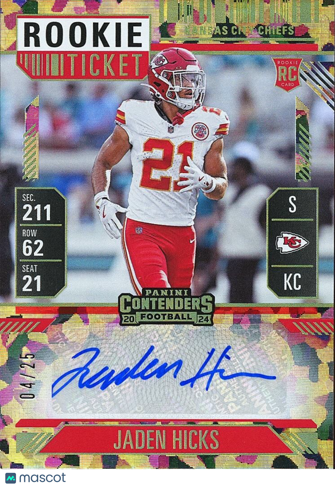 Jaden Hicks 2024 Contenders Cracked Ice Auto Autograph RC KC Chiefs 4/25