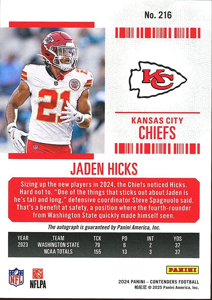 Jaden Hicks 2024 Contenders Cracked Ice Auto Autograph RC KC Chiefs 4/25