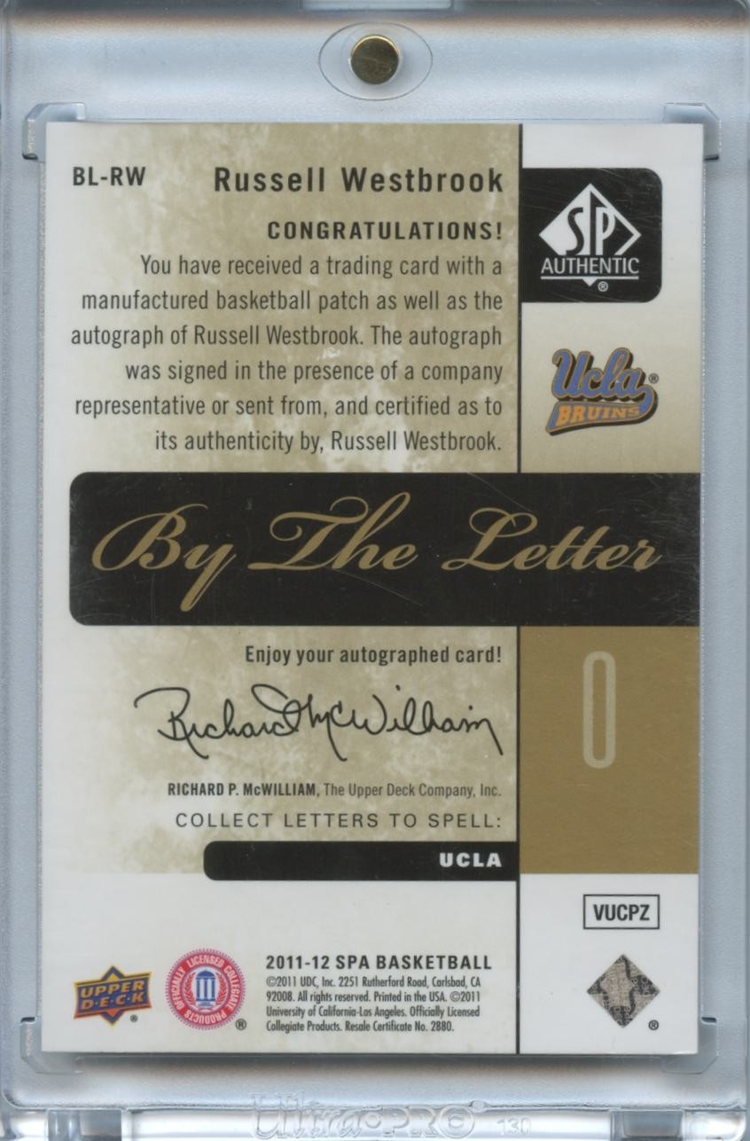 Russell Westbrook 2011-12 SP Authentic Auto Autograph "L" Patch UCLA 18/75