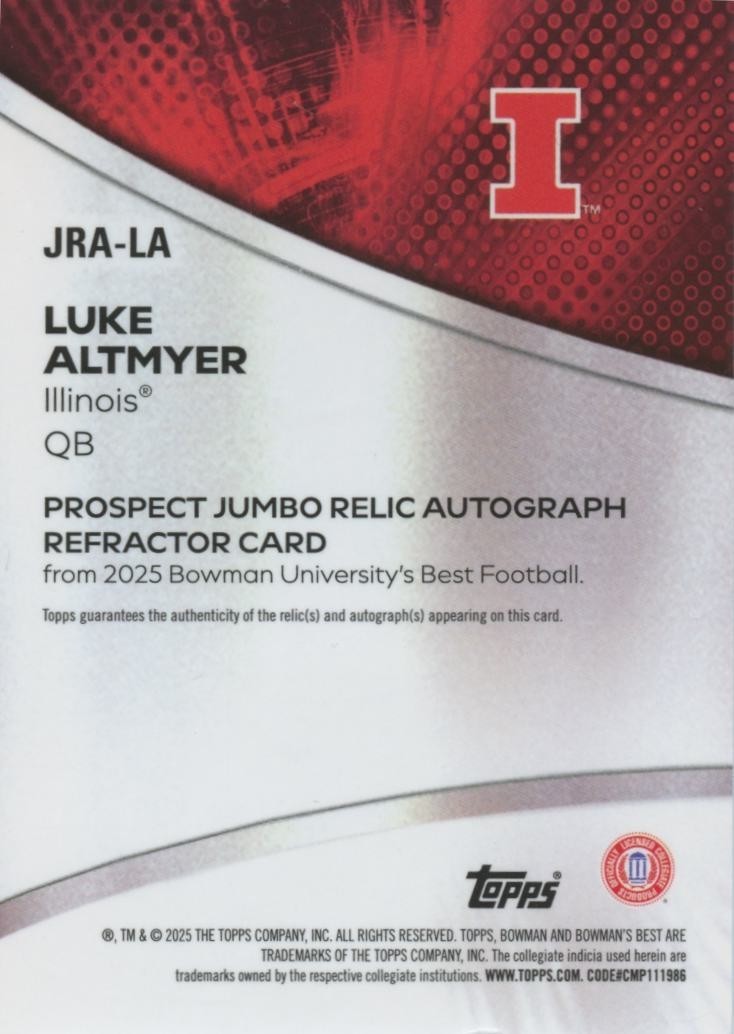 Luke Altmyer 2025 Bowman's Best Auto Autograph Game Worn Patch RC Illinois 11/75