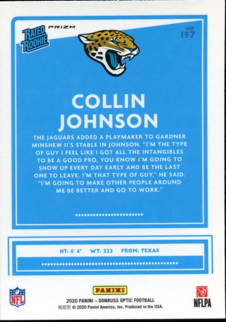 Collin Johnson 2020 Optic Rated Rookie White Sparkle SSP RC Jaguars Longhorns