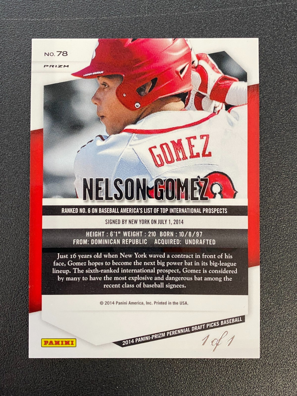 Nelson Gomez 2014 Prizm Draft Baseball Black Finite Prizm New York Mets 1/1