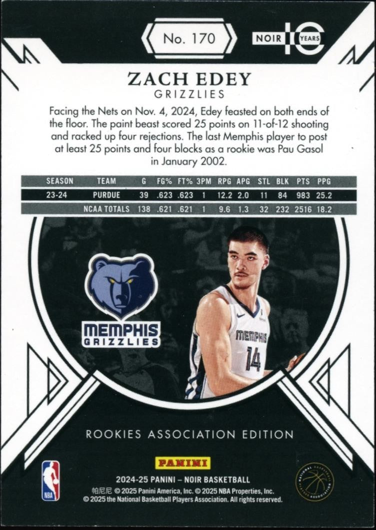 Zach Edey 2024-25 NOIR Purple Rookie RC SSP Memphis Grizzlies 18/25 #170