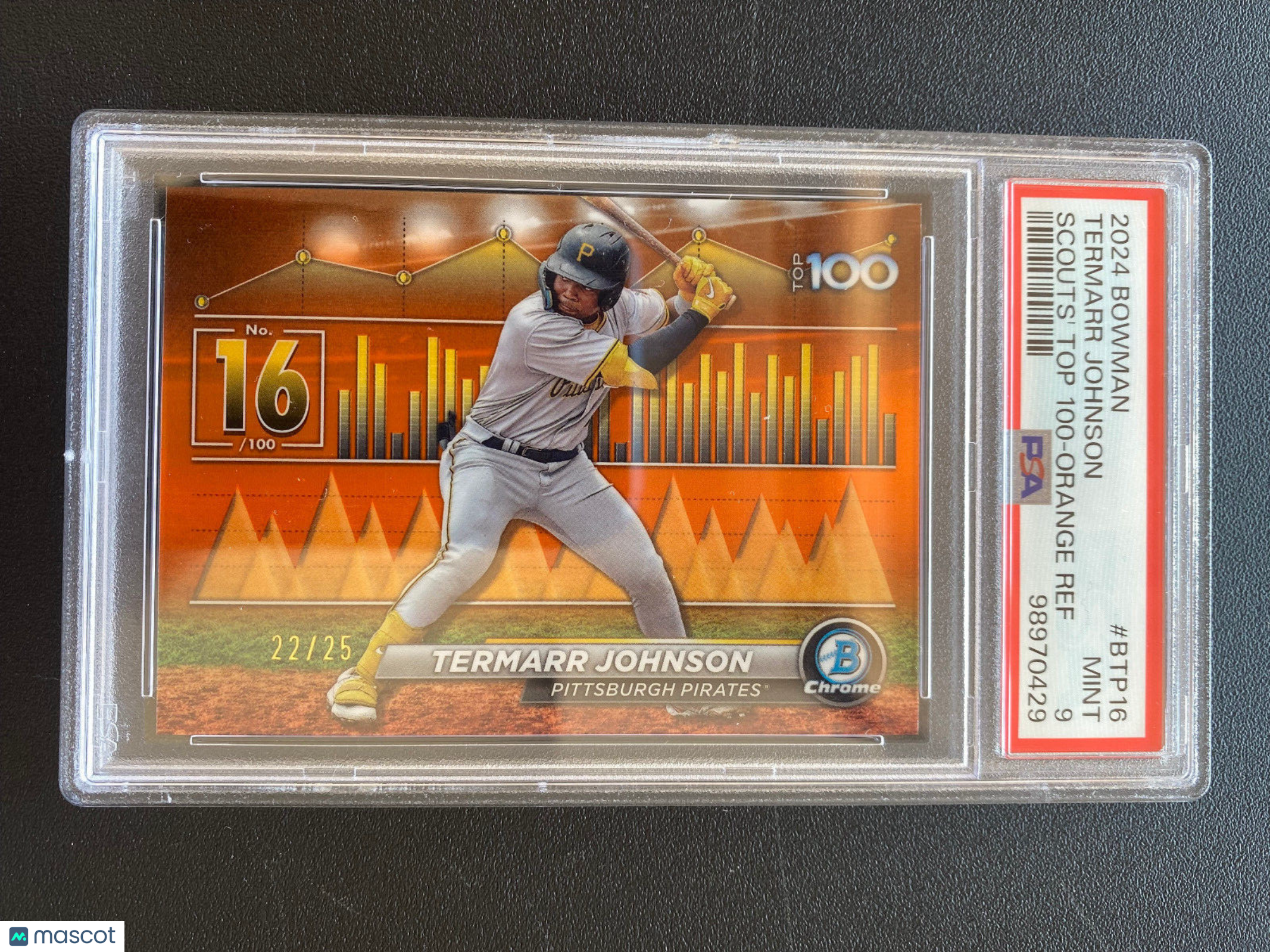 Termarr Johnson 2024 Bowman Chrome Top 100 Orange Refractor 22/25 Pirates PSA 9