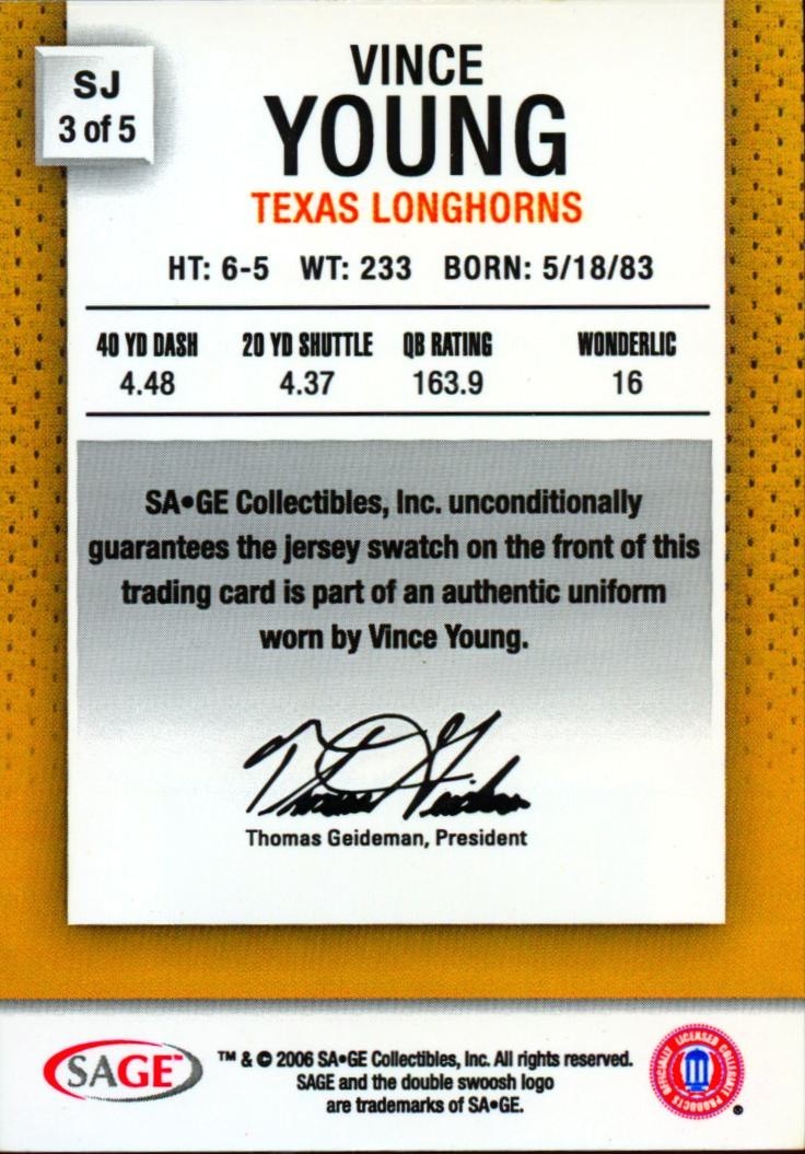 Yince Young 2006 SAGE HIT GOLD Jersey Patch Rookie Texas Longhorns 17/25
