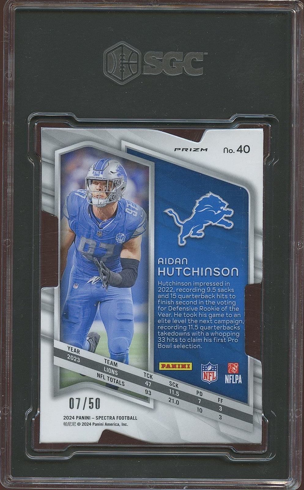 Aidan Hutchinson 2024 Spectra Neon Blue Prizm Die-Cut Detroit Lions 7/50 SGC 9