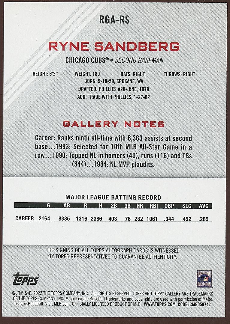 Ryne Sandberg 2022 Topps Gallery Auto Autograph Chicago Cubs