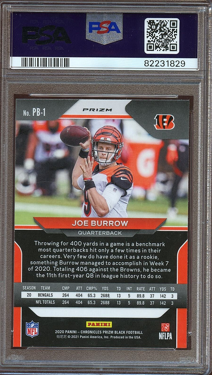 Joe Burrow 2020 Prizm Black Silver Prizm Rookie RC Cincinnati Bengals PSA 9