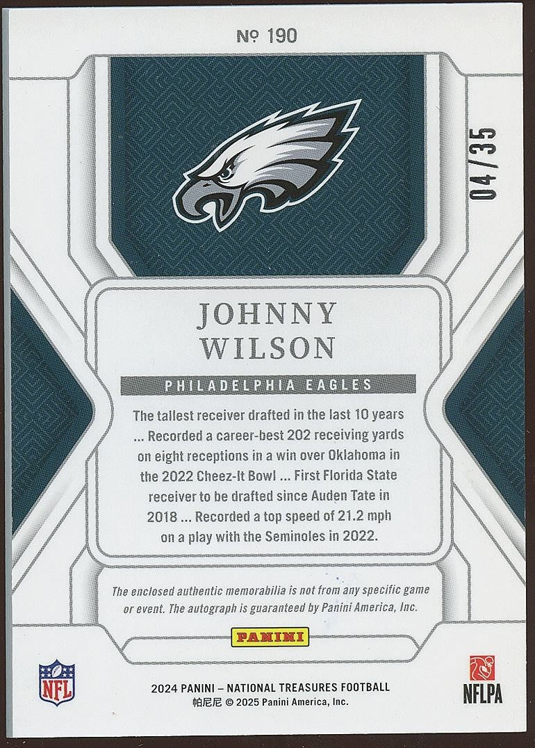 Johnny Wilson 2024 National Treasures Auto Autograph RC Rookie Patch Eagles 4/35