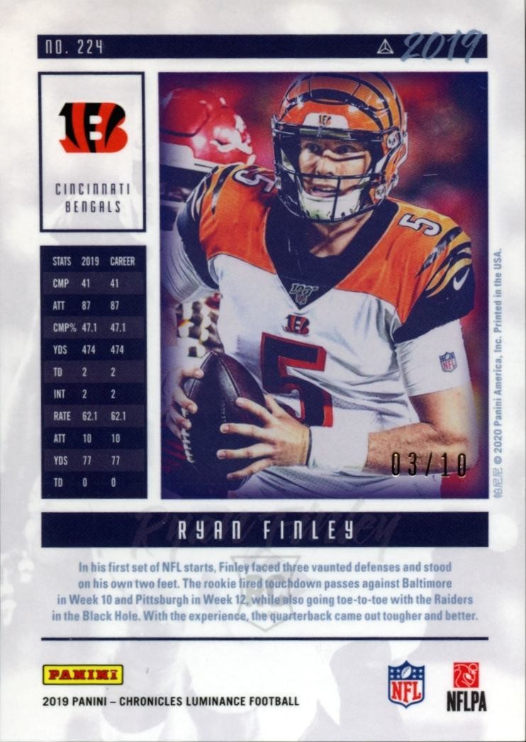 Ryan Finley 2019 Luminance GOLD Prizm Rookie RC Cincinnati Bengals 3/10