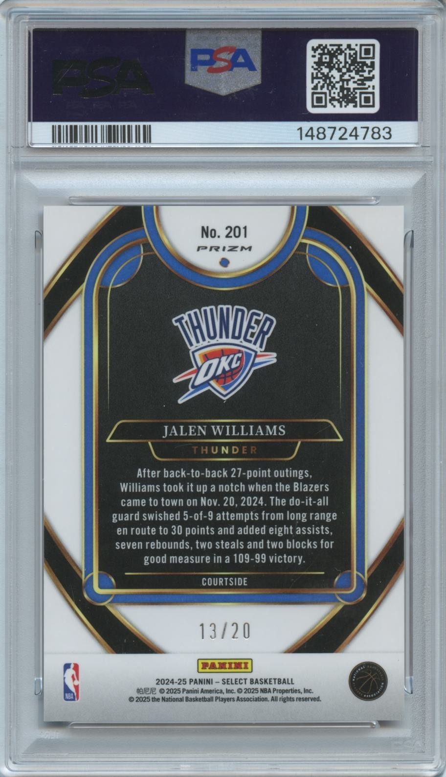 Jalen Williams 2024-25 Select Courtside Red Mojo Prizm OKC Thunder 13/20 PSA 10