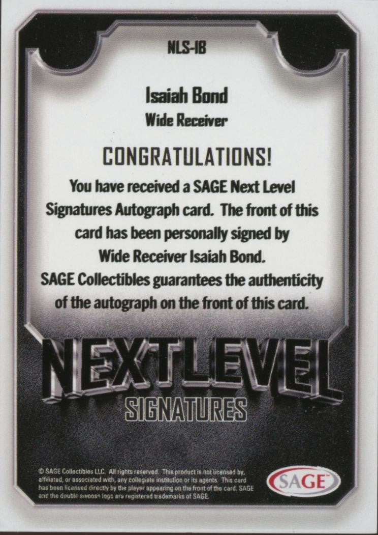 Isaiah Bond 2025 SAGE Next Level On Card Auto Autograph RC Texas Longhorns 12/25