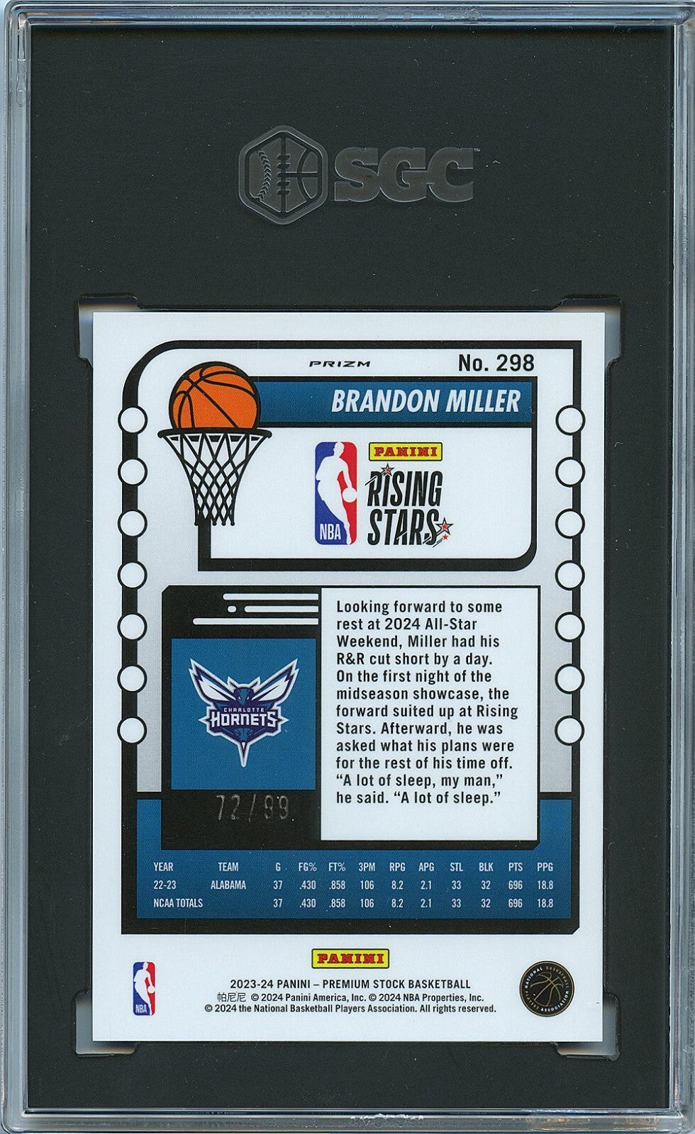 Brandon Miller 2023-24 NBA Hoops Blue Disco Prizm Rookie Hornets 72/99 SGC 9.5