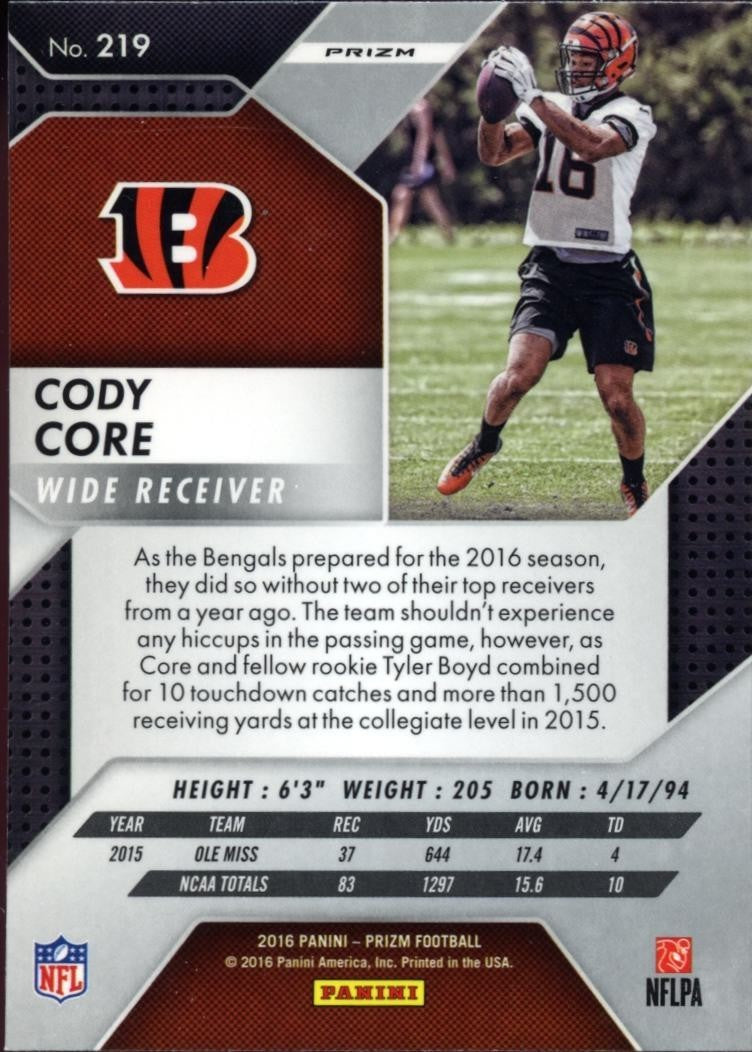 Cody Core 2016 Prizm Retail Red Prizm Rookie RC SSP Cincinnati Bengals #219