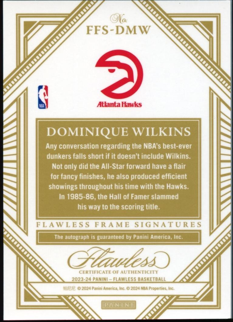 Dominique Wilkins 2023-24 Flawless Silver Auto Autograph Atlanta Hawks 18/25