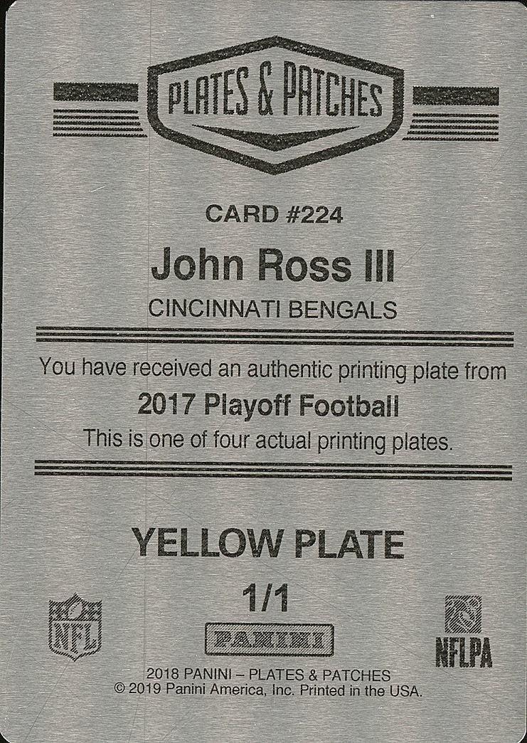 John Ross III 2017 Plates & Patches Yellow Printing Plate Rookie RC Bengals 1/1