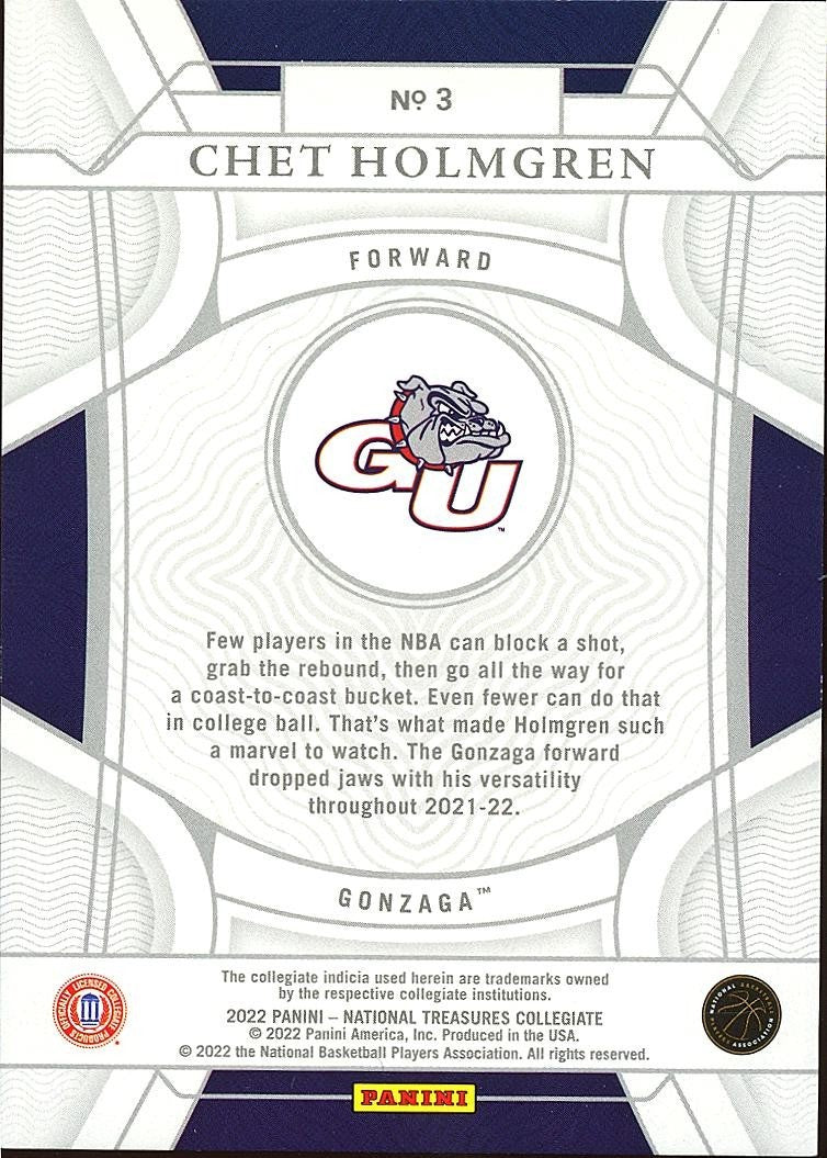 Chet Holmgren 2022 National Treasures Rookie RC Gonzaga OKC Thunder 30/49 #3