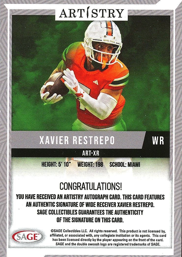 Xavier Restrepo 2025 SAGE HIT Auto Autograph RC Miami Hurricanes Titans 17/25