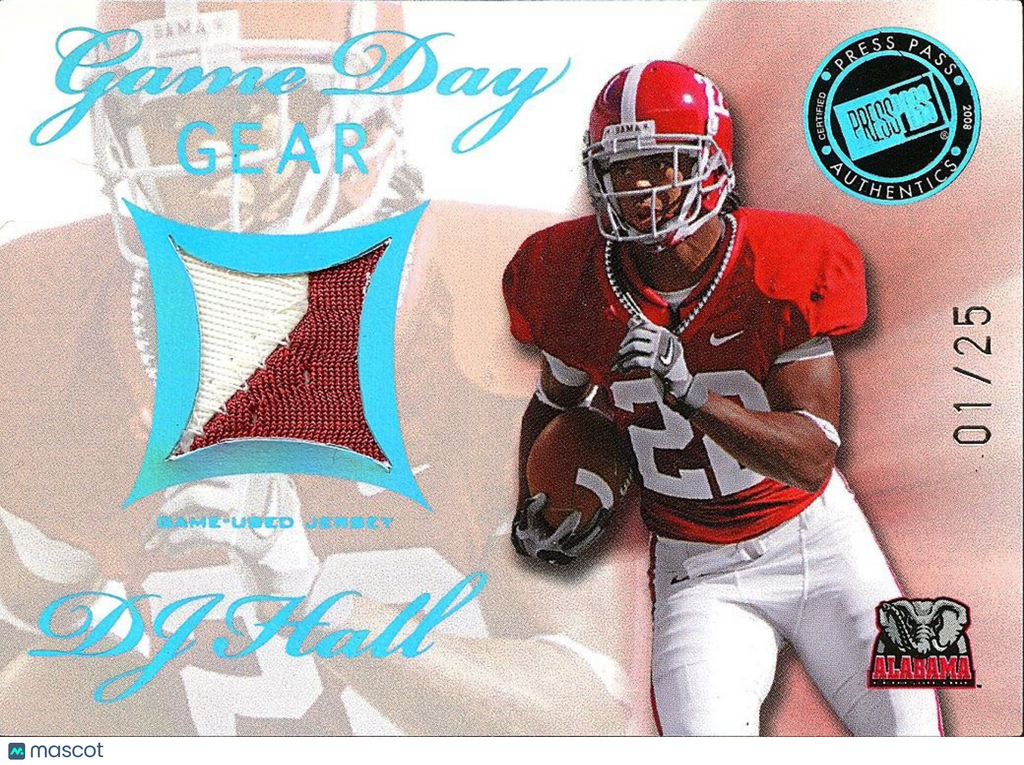 DJ Hall 2008 Press Pass Game Worn Patch RC Rookie Alabama Crimson Tide 1/25