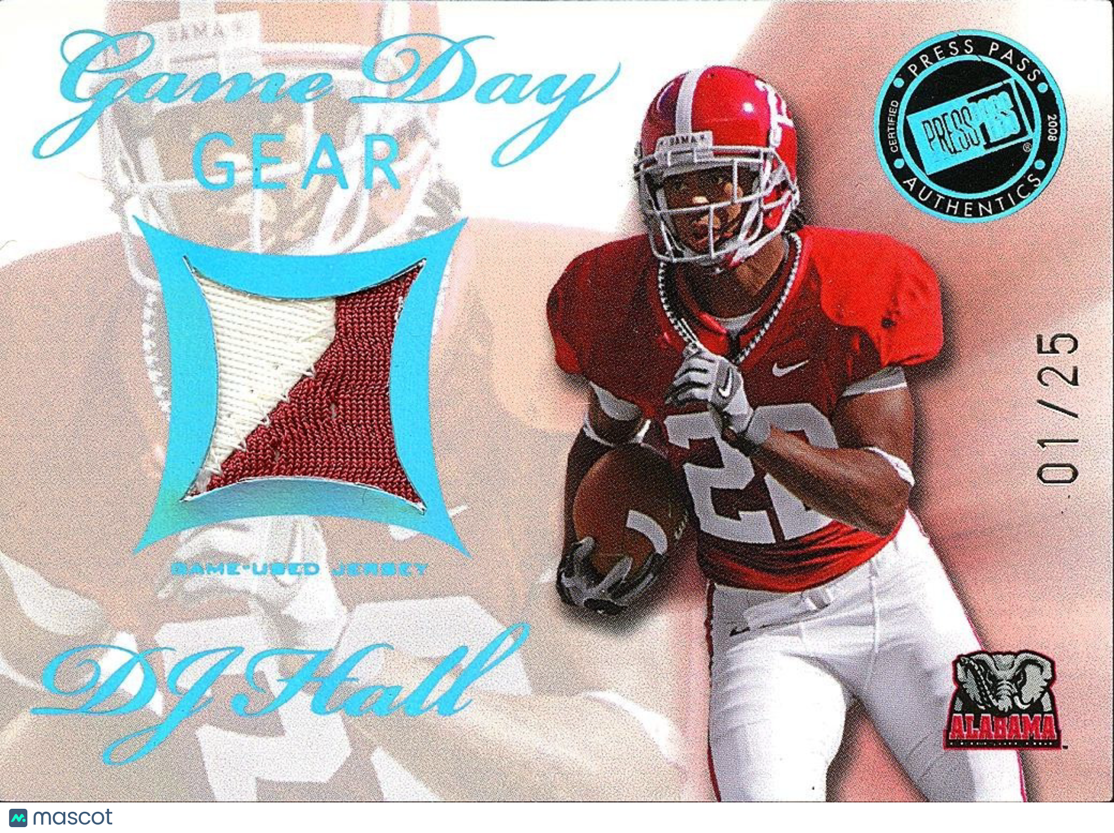 DJ Hall 2008 Press Pass Game Worn Patch RC Rookie Alabama Crimson Tide 1/25