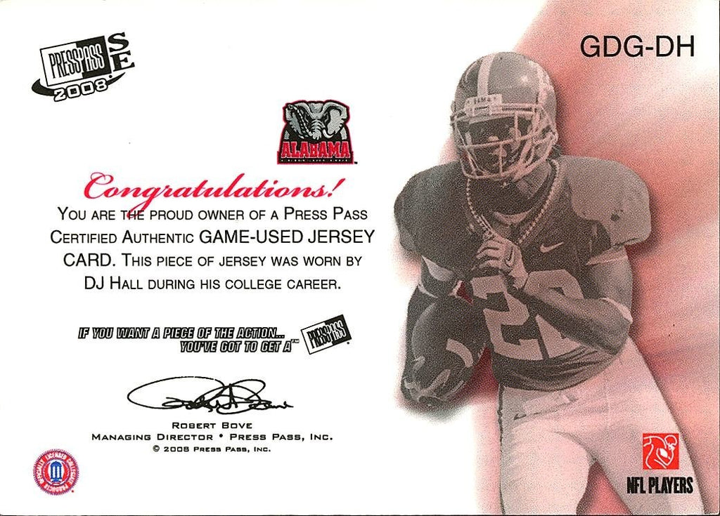 DJ Hall 2008 Press Pass Game Worn Patch RC Rookie Alabama Crimson Tide 1/25