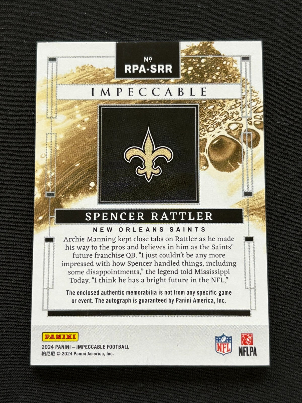 Spencer Rattler 2024 Impeccable Auto Autograph Patch RC New Orleans Saints 7/49
