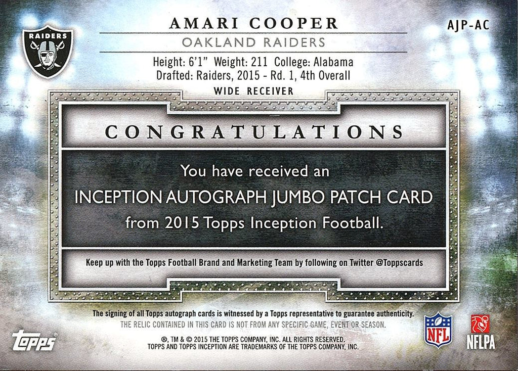 Amari Cooper 2015 Topps Inception Auto Autograph Patch RC Oakland Raiders 4/50