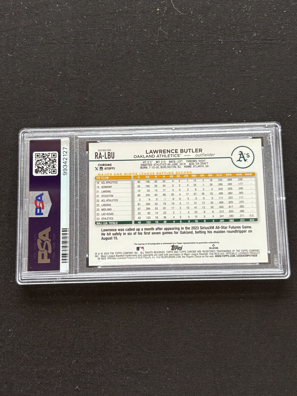 Lawrence Butler 2024 Topps Chrome Auto Autograph RC Oakland A's 13/499 PSA 10 7