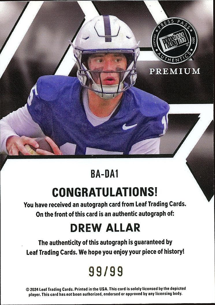 Drew Allar 2024 Press Pass Premium Auto Autograph RC Rookie Penn State 99/99