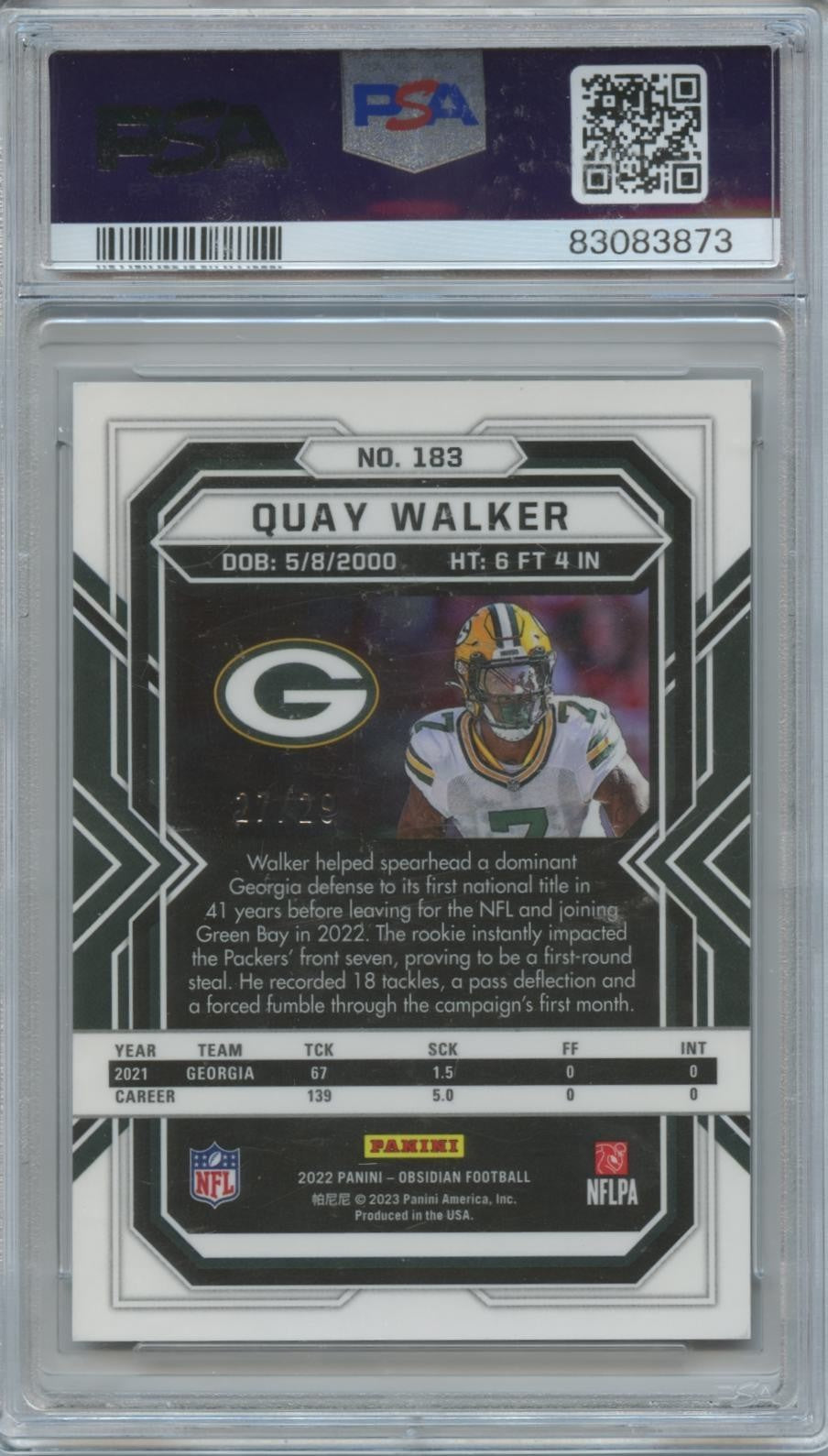 Quay Walker 2022 Obsidian Red Flood SSP Rookie RC Packers 27/29 PSA 9