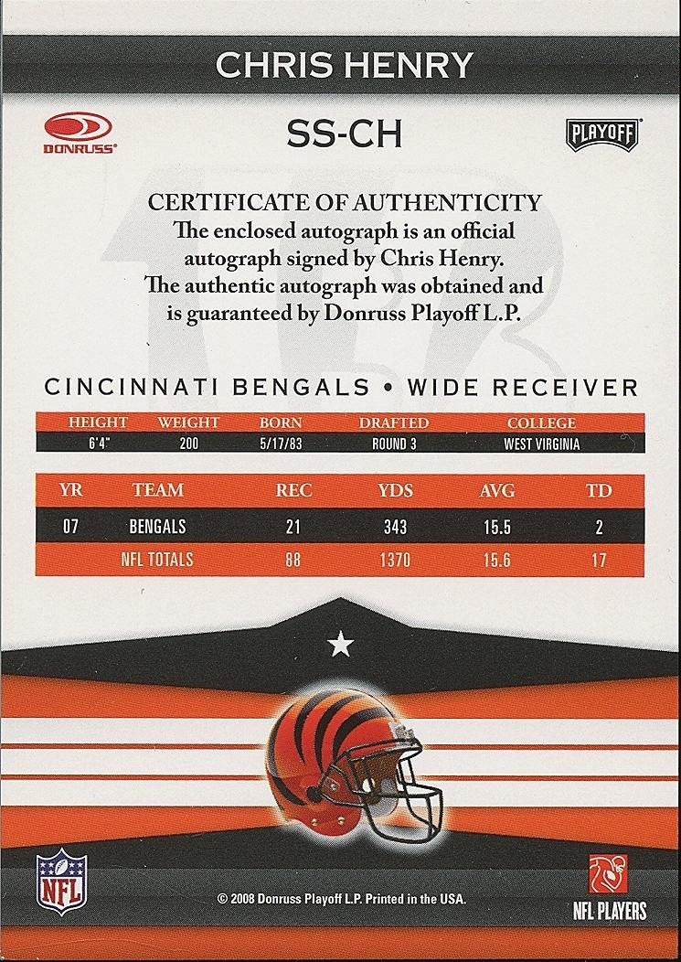 Chris Henry 2008 Donruss Silver Auto Autograph Cincinnati Bengals