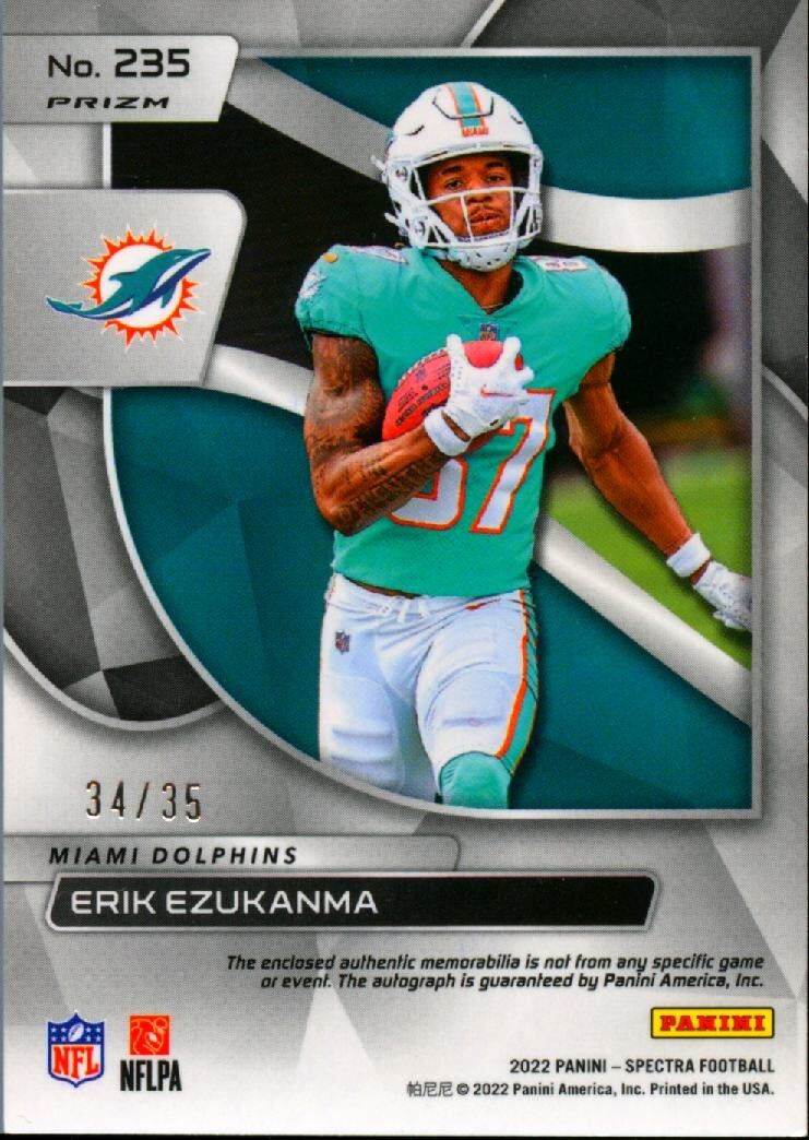 Erik Ezukanma 2022 Spectra Neon Green Auto Autograph Patch RC Dolphins 34/35