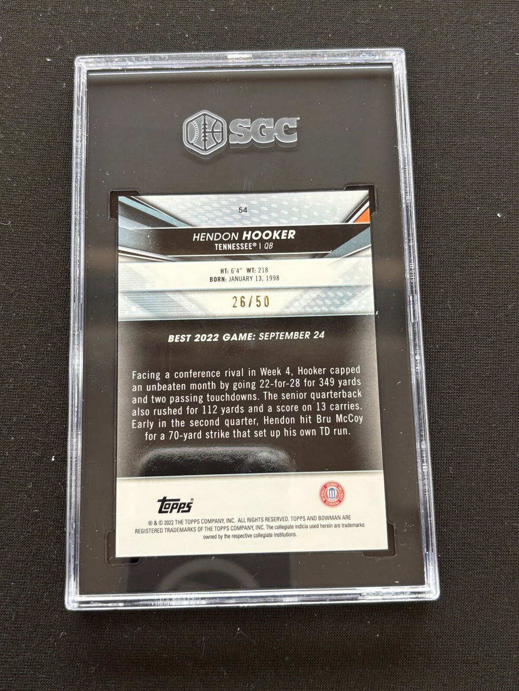 Hendon Hooker 2022 Bowman's Best GOLD Refractor Rookie Tennessee 26/50 SGC 9.5