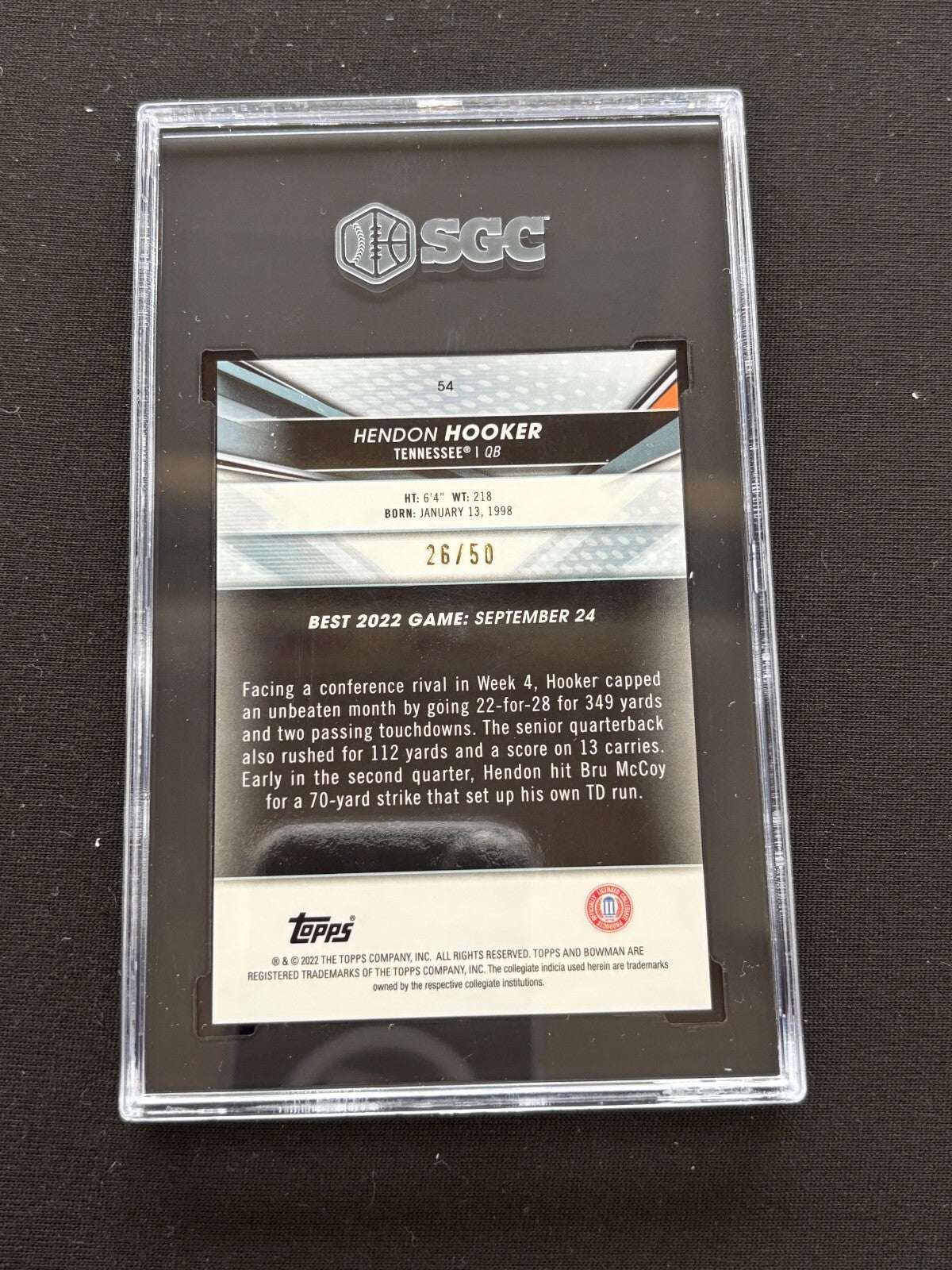 Hendon Hooker 2022 Bowman's Best GOLD Refractor Rookie Tennessee 26/50 SGC 9.5