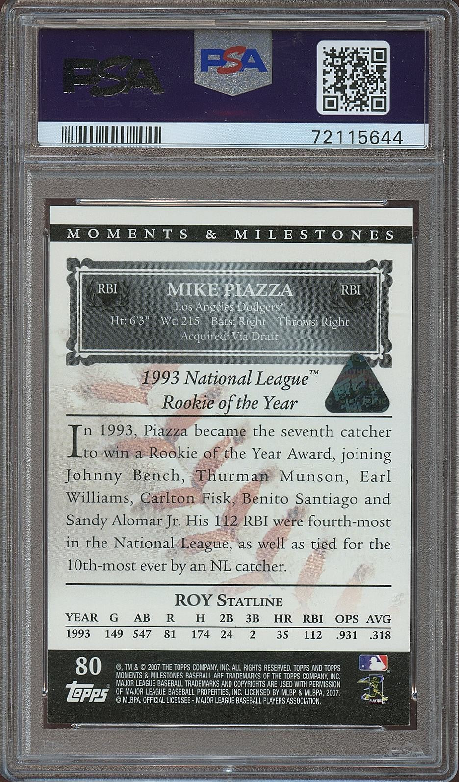 Mike Piazza 2007 Topps Moments & Milestones RED 1/1 New York Mets PSA 8