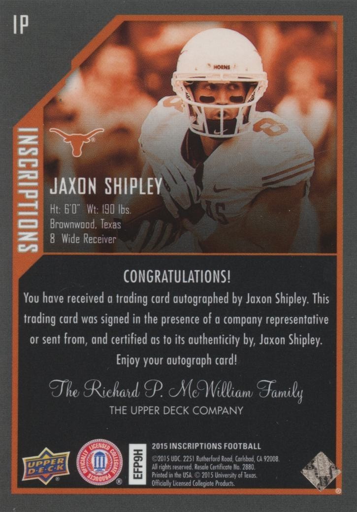 Jaxon Shipley 2015 Upper Deck Inscription Auto Autograph "Go Horns" Longhorns