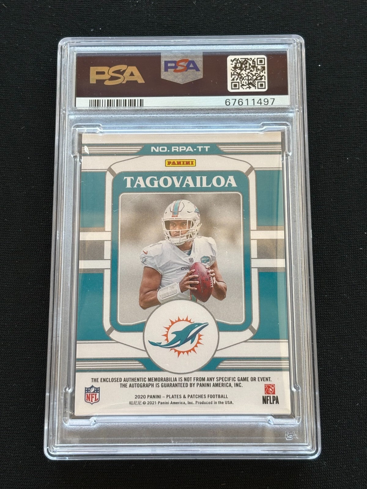 Tua Tagovailoa 2020 Plates & Patches Auto Autograph Patch RC Dolphin 14/25 PSA 9