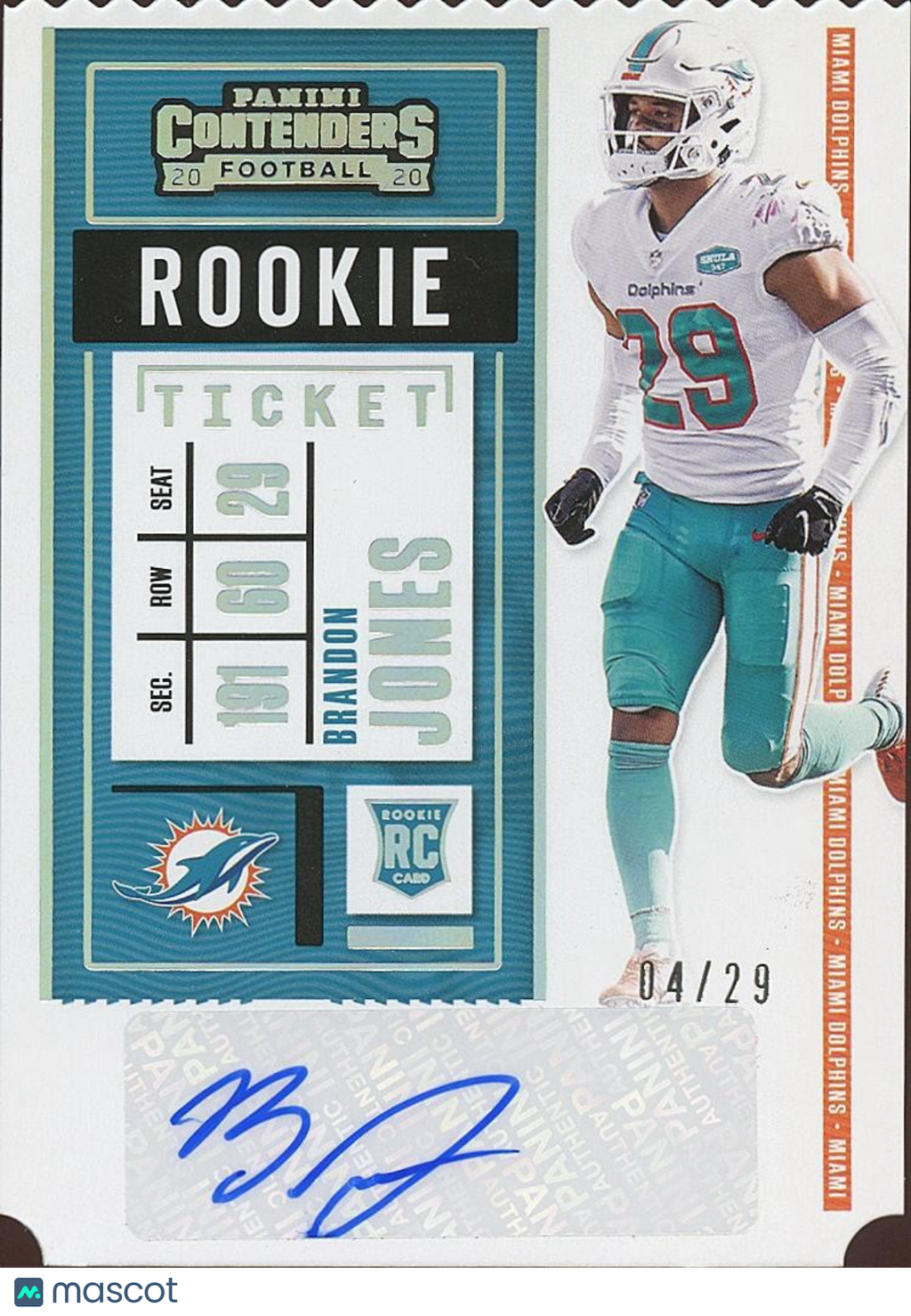 Brandon Jones 2020 Contenders Ticket Stub Auto Autograph Longhorns Dolphins 4/29